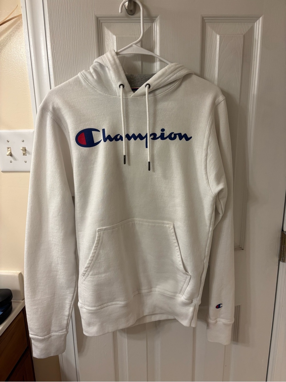Champion White Hoodie with Red & Blue Trim
